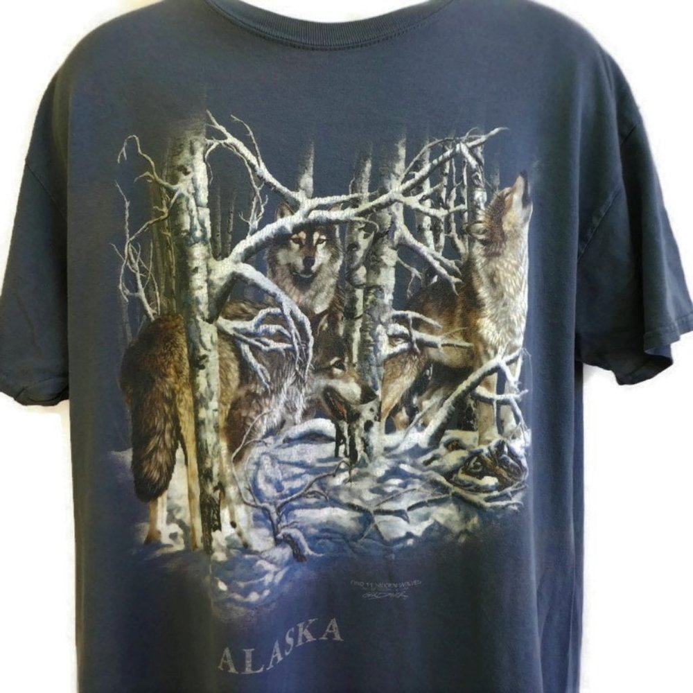Alaska Tee T Shirt Wolf Wolves 11 Hidden Crewneck Faded Cotton Vintage 90s L